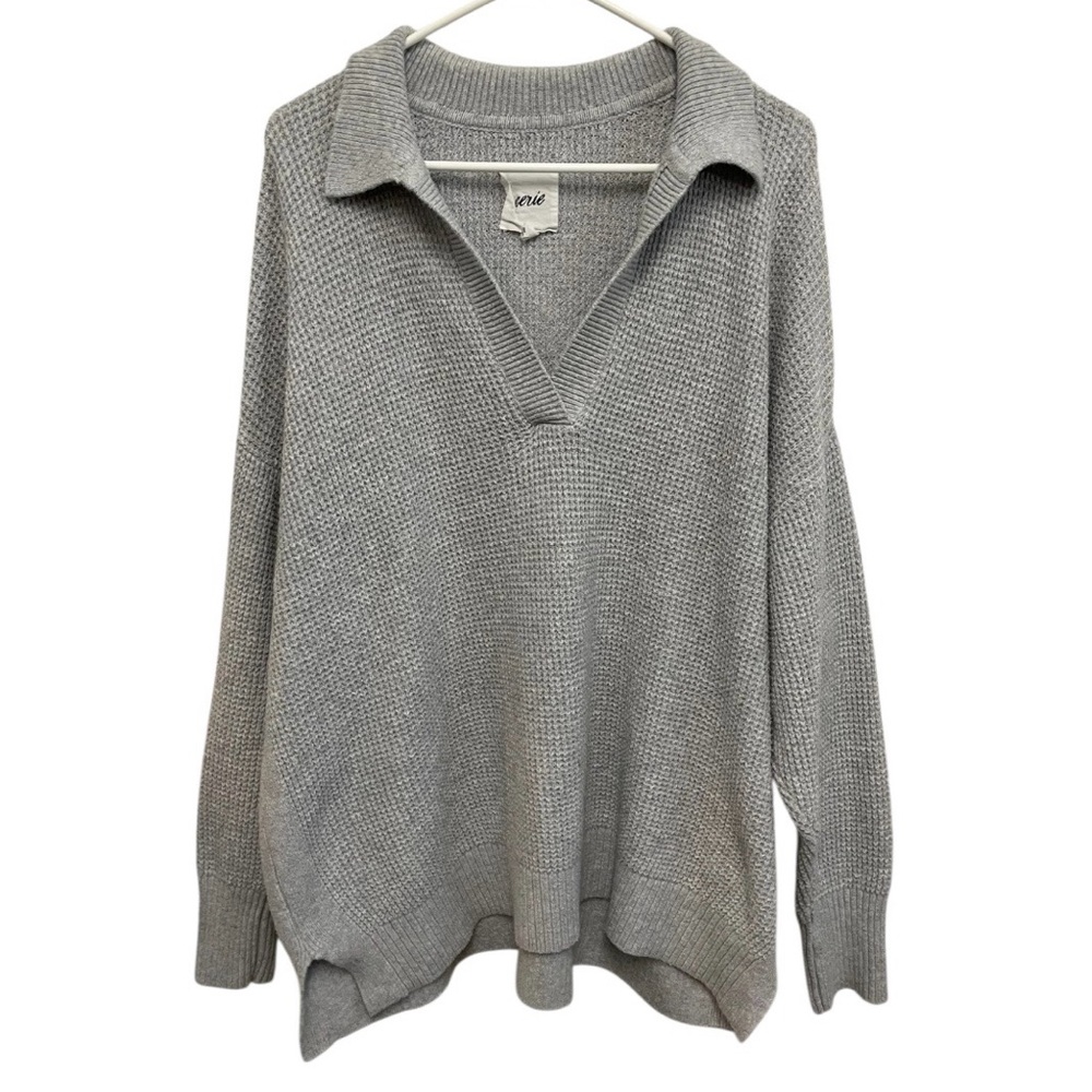 Aerie oversized waffle knit v neck sweater grey